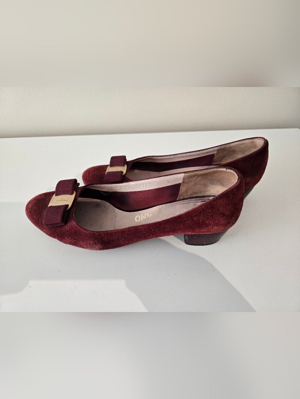 Salvatore Ferragamo Burgundy Suede Vara Bow Low Heel Pumps Size 7